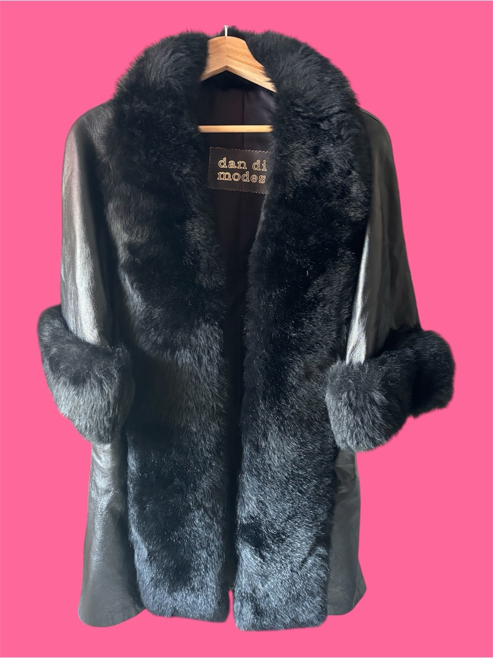 Black Leather dan di modes Fur Trim Coat